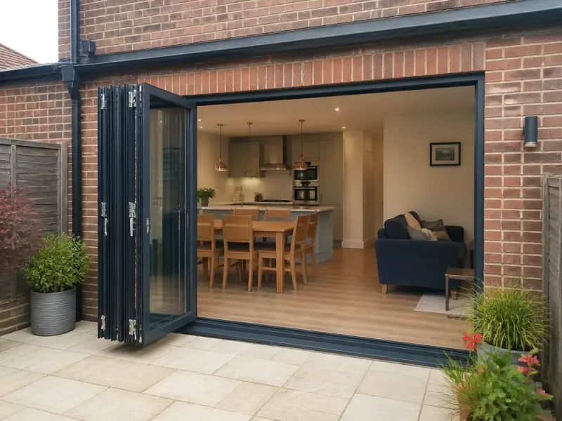 Illustrative image of anthracite glazed bi-fold doors stacked open to the left of a wide red-brick garden opening, with a kitchen and dining area beyond.