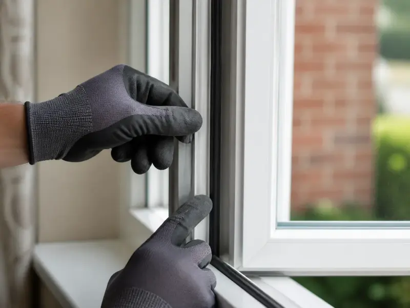 Illustrative close-up of gloved hands pressing a black weather seal into the channel of an open white uPVC casement window.